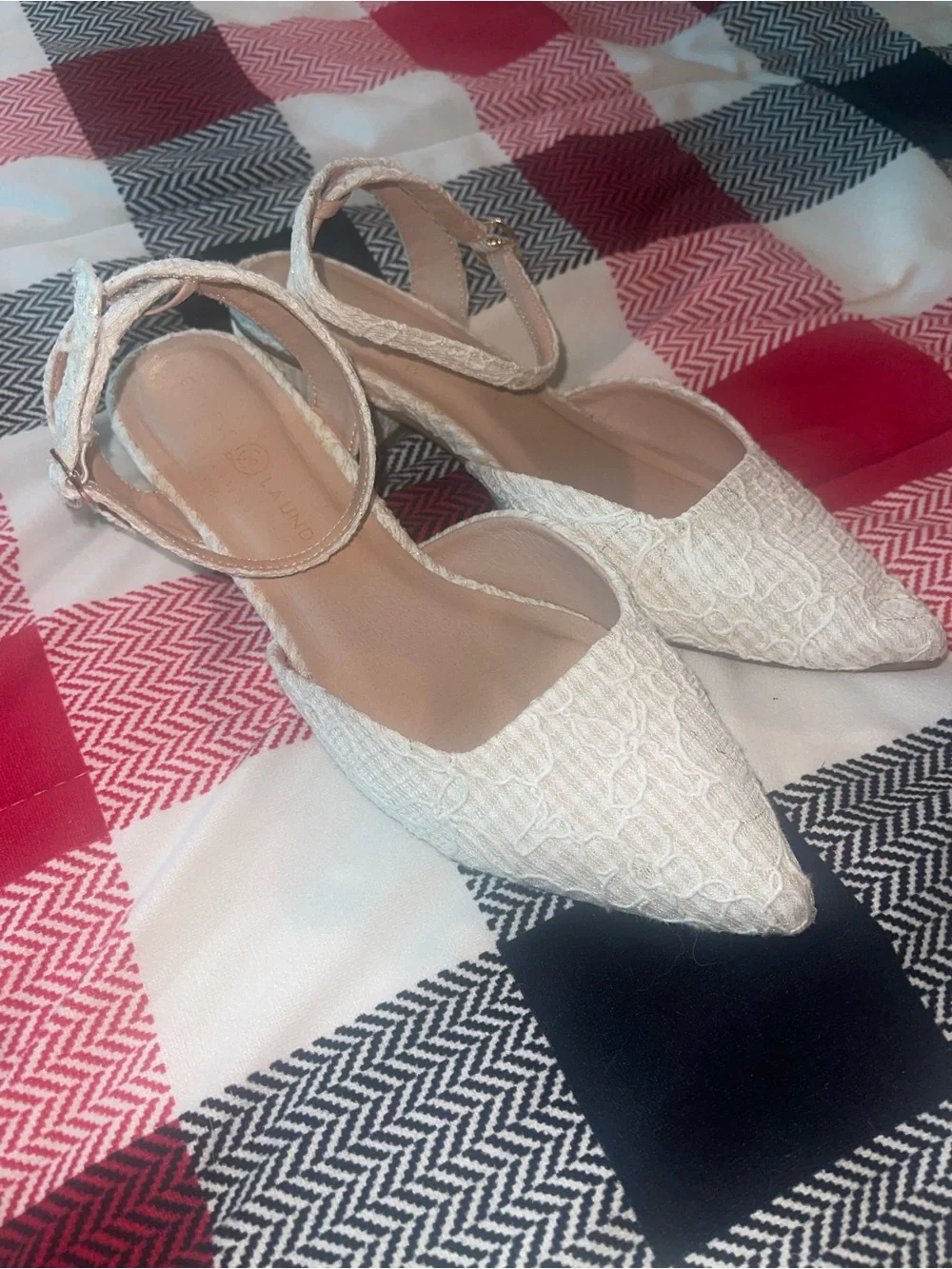 Elegant Ivory Lace Pointed-Toe Ankle-Strap Flats